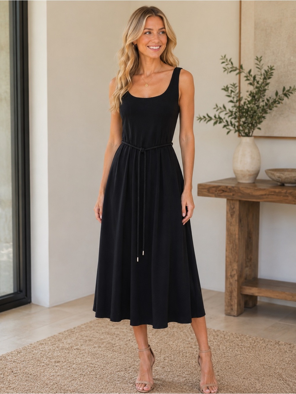 NWT Karl Lagerfeld Black Scoop-Neck Midi Dress with Tie Waist size 2